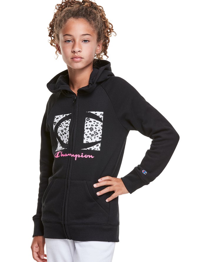 Sudadera Con Capucha Champion Niña - Fleece Raglan Full Zip Leopard Knockout Logo ( Negras ) 8092514